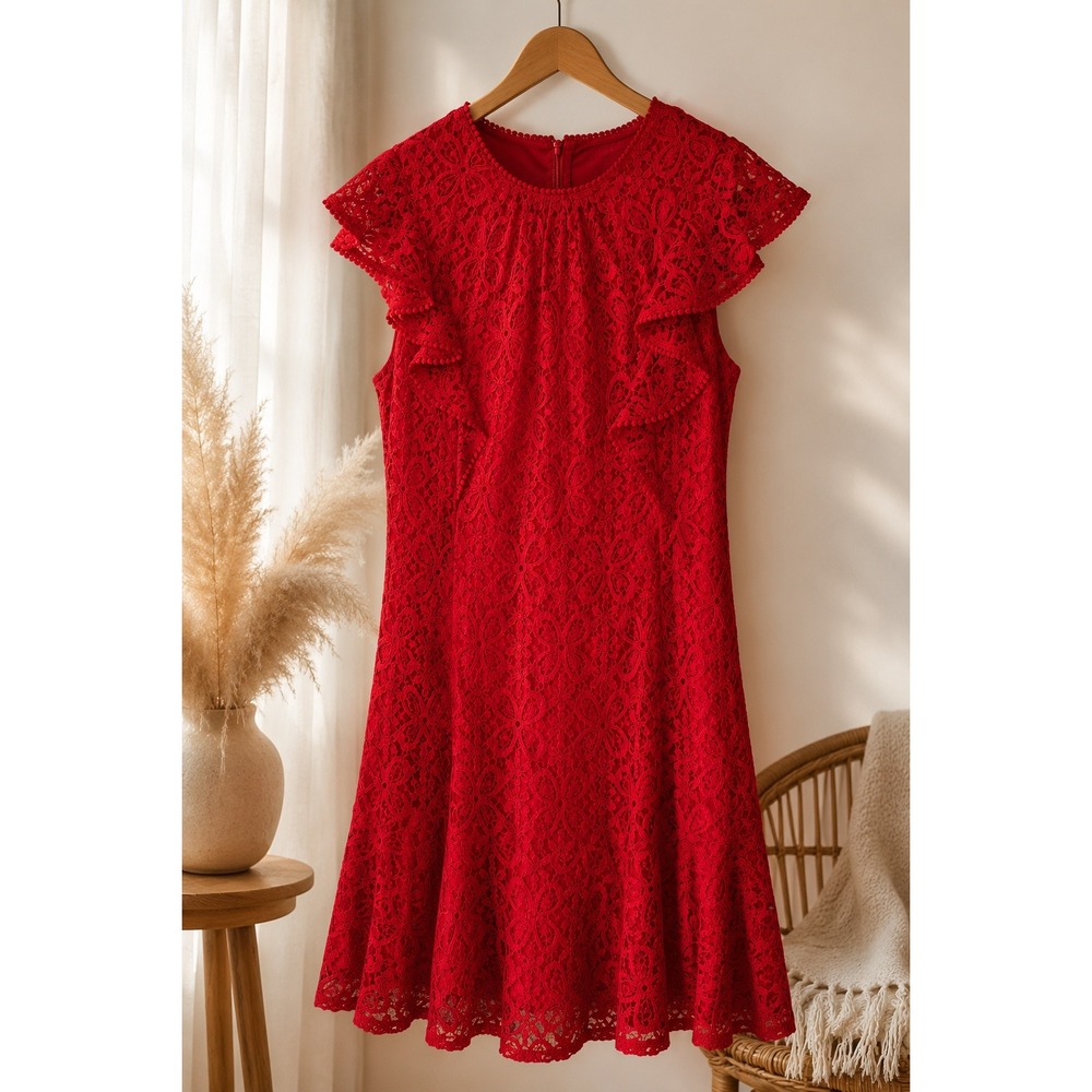 Julia Jordan Cherry Red Lace Ruffle Fit & Flare Cocktail Dress NWT Size 10
